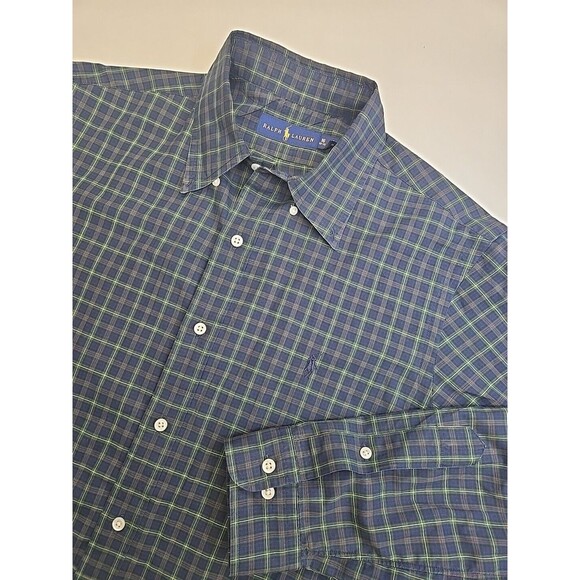 Ralph Lauren Mens Shirt‎ Size 16 32-33 Long Sleeve Blue Yellow Check Button Down - Picture 1 of 9